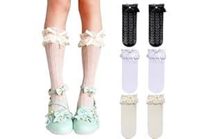 OMLALAYI 3 Paia Calzini Caviglia Volant con Nodo a Farfalla e Perline,Calzini con Volant,Calzini con Pizzo Donna,Calze Antiscivolo Bambina alla Caviglia Volant,Principessa Calze,Calze Lolita,per Abiti Gotici
