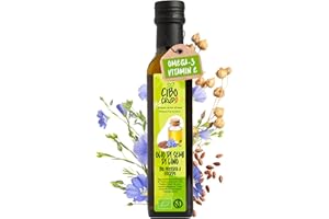 CIBO CRUDO CRUDO BIOLOGICO VEGAN Olio di Semi di Lino Biologico - 250 ml. Contiene Vitamina E K e B e Omega 3 oltre il 50%.Olio di Lino Per Capelli o Alimentare Spremuto a Freddo Crudo e Puro. Organic Flaxseed Oil.