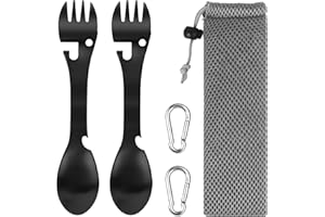 TINYRIZ Set of 2 Stainless Steel Spork Camping Cutlery 5 in 1 Multifunctional Spoon Fork Knife Bottle & Can Opener, Outdoor Spork Cutlery Set with 2 Carabiners for Travel Hiking Picnic Black