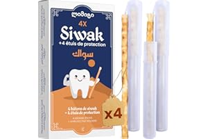 MODOGO 4 Bâtons de Siwak + 4 Étuis de Protection – Miswak Brosse à Dents Naturelle Écologique et Vegan – Soin de la Bouche Traditionnel et Blanchiment des Dents