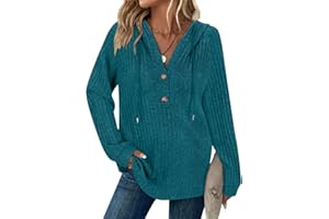 SYPHIBY Hoodies for Women Ladies Jumpers Long Sleeve Tops Drawstring Button V Neck Casual Pullover Sweatshirt Spring Autumn Winter Tunic Clothes