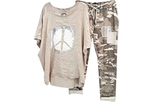 CHNNAMZU Ensemble Lin Femme été 2 Pièces Ensemble De VêTements Fluide Col Rond Imprimé T-Shirt Manches 3/4 + Pantalon Large Taille Haute D'IntéRieur Jogging Chic Grande Taille Casual Tenue De Sport