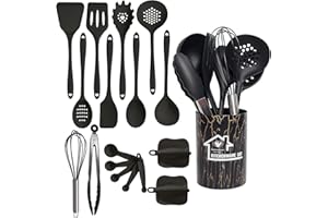 NUANGOO 18 Ustensiles de Cuisine,Ustensiles de Cuisine en Silicone,Ensemble de Poêles Antiadhésives Résistantes à La Chaleur Haute Température avec Pot de Stockage. (Noir)