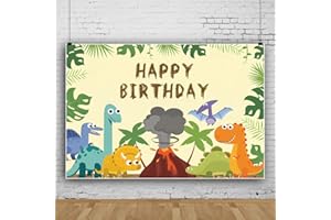 Ttincceer 220x150cm Happy Birthday Hintergrund - Cartoon Dinosaurier Vulkanausbruch Fotografie - Tropische Pflanze Palm Leaf - Baby Shower Party Banner