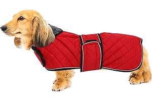 Geyecete Abrigo térmico de Invierno para Perro Salchicha,con Forro Polar cálido,Impermeable Ropa al Aire Libre con Bandas Ajustables e Agujero del arnés,para medianos/pequeña Perros - Rojo-L