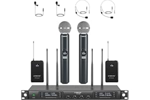 Phenyx Pro Sistema microfono wireless con microfoni palmari, bodypack, cuffie e cappelli, 4x40 canali, scansione automatica, lunga distanza, microfoni senza fili per canto, karaoke (PTU-7000-2H2B)