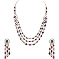 RATNAVALI JEWELS American Diamond Fashion Jewellery Red Green Blue White Multi Layer Necklace Set with Earring for Women/Girls RV3006M