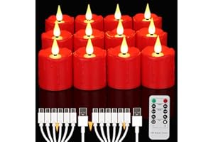 FREEPOWER 12 Candele LED ricaricabili con timer telecomando tremolante dimmerabili, rossi Lumini LED elettriche con cavo USB di tipo C, per esterni impermeabili, luce bianca calda, Ø5cm
