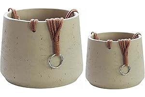 OLLY & ROSE Copenhagen Off White Ceramic Hanging Plant Pot Set of 2 - Includes Hanging Rope - Ceramic Cement Planters for Indoor & Outdoors - Textured Effect - Large & Medium Plant Pots