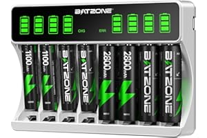BATZONE Akku Ladegerät mit 4 x AA Akku und 4 x AAA Akku, für Mignon AA, Micro AAA NI-MH/NI-CD wiederaufladbar Batterien, 8-Ladeplatz mit Großer LCD-Bildschirm