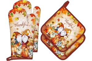 Arquiel Guanti Da Forno Presina Set Di 4, 100% Cotone Addensare Guanti Da Forno A Microonde, Presine Da Cucina Morbida Antiscivolo Resistenti Al Calore Per Cucinare Forno Regalo(Gnomo d'Autunno)