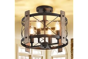 AOLALA Black Chandeliers Kitchen Ceiling Light,4 Lights Industrial Lighting Ceiling, Industrial Wood Semi Flush Ceiling Lights, Farmhouse Hallway Ceiling Lamp Fixture E14 [Energy Class A]