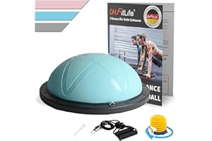 DH FitLife Balón de equilibrio, yoga, entrenador de equilibrio de 60 x 22 cm hasta 200 kg, media pelota de gimnasia, tabla de equilibrio con bomba y 2 bandas de fitness