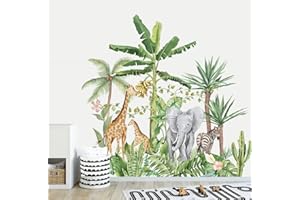 Runtoo Tropical Jungle Animal Wall Decals Giraffe Elephant Plants Wall Stickers Kids Room Bedroom Wall Decor