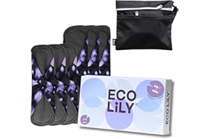 Eco Lily Reusable Sanitary Pads (6Pk for Medium to Heavy Flow) – Odour- Absorbing Charcoal Bamboo Pads for Women Sanitary Towels – Reusable Pads Menstrual with Waterproof Wet Bag