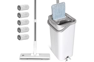 Masthome Flat Mop and Buckets Sets,Floor Mop and Bucket with 5 Reusable Pads,140cm Retractable Handle Microfibre Washable Mops wtih 360° Swivel Head for Laminate, Tile, Hardwood Floors