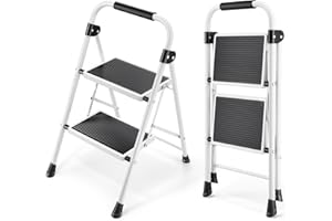 ‎KINGRACK KINGRACK 2 Step Ladder, Step Ladder with Handrails, Step Ladder, Folding Ladder, Step Stool, Folding Step Stool for Adults with Handle, Household Ladder, Non-Slip Stable and Wide Pedal, White