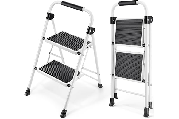 KINGRACK 2-stegs steg, vikbar stege med halkfri och bred pedal, liten stege med handtag, robust stålstege, lätt och bärbar stegstege
