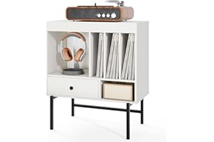 COSTWAY Meuble Disque Vinyle avec Tiroir, Rangement Platine Vinyle 5 Compartiments, Support de Tourne-Disque pour CD/DVD, meuble imprimante pour bureau, Bout de Canape pour Salon, Chambre (Blanc)