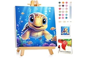 Schildkröte Malen Nach Zahlen Kinder mit Rahmen, Schildkröte Malen Nach Zahlen Kinder ab 5 6 7 8 9 10 Jahre, Malset Geschenk für Mädchen und Jungen - 20x20cm Mit Staffelei