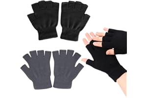 ZOCONE 2 Pares de Guantes sin Dedos, Guantes de Medio Dedo de Punto de Invierno para Hombres y Mujers, Negro y Gris, Guantes Elásticos Cálidos para Adultos y Menores Mayores de 13 Años