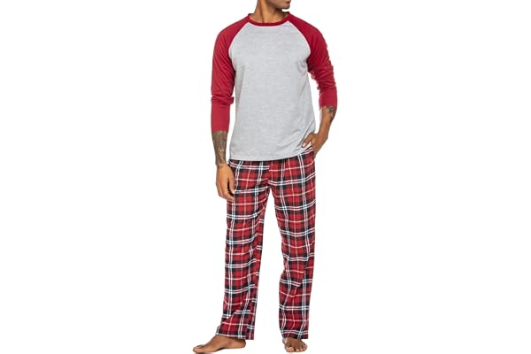 ADOME herr sovdräkt lång tvådelad mjuk varm pyjamas set rund hals t-shirt och rutig byxor