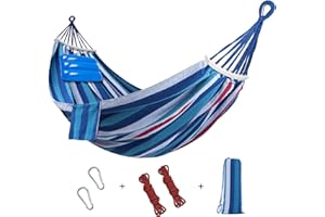 Soontrans Amaca da Giardino con Cuscino Gonfiabile e Asta in Legno Curva, Portatile Amaca Doppia da Campeggio per Interno/Esterno, Spiaggia, Cortile, Terrazza, 210 x 150 cm, Max. Portata di 300 kg