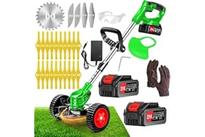 TUCSSARG Débroussailleuse Electrique sans Fil 21V 4000Ah Coupe Bordure avec 2 Batterie et Chargeur Taille Bordure avec Roues & 3 Types De Lames,Légère à Faible Bruit pour La Coupe De Jardin, Pelouses Arbustes