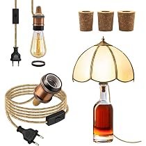  Trasforma Le Tue Bottiglie In Lampade! Kit Portalampada E27 Fai-da-te Con Corda Di Canapa, 3 Tappi In Legno E Presa In Metallo Color Bronzo - 3