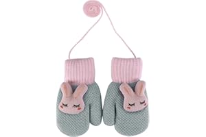 LONTG Moufle Enfant Hiver Gants Tricoté Chaud Garçon Fille 4-8 ans Gants avec Ficelle Anti-perdue Mitaines Complet Thermique Motif Lapin Mignon Gants Doublure Polaire pour Ski Neige Extérieur