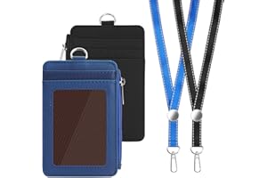 KAISOIL 2 PCS Porta Badge Pelle Porta Carte In Premium Pu Con 5 Slot Per Schede e 1 Cordino In Nylon Staccabile e 1 Porta Monete Per Ufficio, Scuola (Nero, Blu)