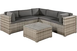 ‎JUSKYS Juskys Polyrattan Gartenmöbel-Set Nassau wetterfest - Lounge mit Ecksofa, Tisch & Auflagen - Gartenlounge für 5 Personen - Sitzgruppe Beige-Grau