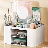 Lergas Desk Organiser Office with Drawer & Pen Holder Multifunctional for Pens Stapler Folder Clips Sticky Notes Table Home School White ZMSNH0324