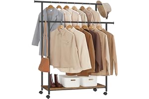 SONGMICS Kleiderständer auf Rollen, Kleiderstange mit Ablage, 2 Stangen, Garderobenstange, 98,5 cm breit, insgesamt bis 100 kg belastbar, Stahlrahmen, vintagebraun-tintenschwarz HSR152B01