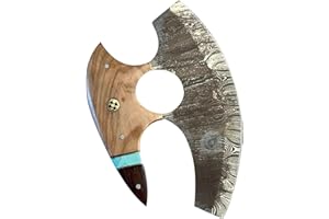 H-RAF Couteau Ulu Artisanal avec Lame en Acier Damas, Manche en Bois et Insert Bleu (Marron Ulu-2)