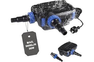 EXLECO Eco Teichpumpe Filterpumpe 30W max. 5000L/H Teichfilter Energiesparende Bachlaufpumpe für Gartenteich Teich Pumpe mit filter Kabellänge 10M Umwälzpumpe für Außen Wasserfall Bachlauf Koiteiche