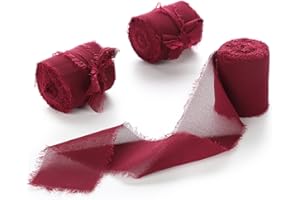 FREEASY Burgundy Chiffon Ribbon 3 Rolls 1.5 inch X 5 Yard Handmade Fringe Silk Chiffon Ribbon Set for Gift Wrapping, Wedding Invitations, Bridal Flower Bouquets, Christmas Decor, Baby Shower, DIY Crafts