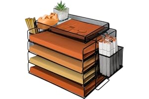 PLSOPPKG Wire Mesh in Trays, 5 Tier Metal Mesh Letter Tray Desk Organisers, Stackable Office Tidy File Holder With Top Stationery Holder, Desk Organiser for Office, School and Home