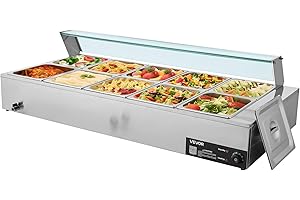 VEVOR Scaldavivande Commerciale, Scaldavivande Elettrico in Acciaio Inox da 1700 W con Coperchio in Vetro, Bagnomaria da Banco a 10 Teglie, con Mestoli per Zuppa e Forati, per Ristoranti