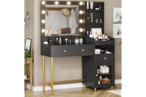 AOGLLATI Schwarz Schminktisch mit Led Spiegelleuchte Spiegel in 3 Farben, Frisiertisch mit Ladestation, Einzigartigem Trennungsdesign und Aufbewahrungsschrank, Schwarz, 96 x 40 x 142 cm