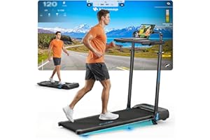 RIKSION Treadmills with Desk Removable 10% Incline LED Display App Support, 1–14KM/H Walking Pad with Foldable Handrail Running Machine for Home/Office Jogging