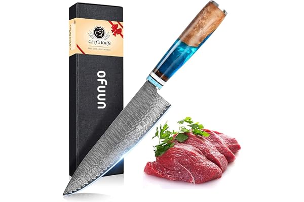 oFuun Couteau de Chef Damas, Couteaux Japonais Professionnelle en Acier Damas 67 Couches, Lame de 20cm Ergonomique Résine Bleue Handle avec Boîte Cadeau
