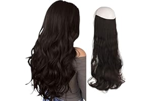 FESHFEN Extensiones de Hilo Invisible Rizadas Ondulado sin Clip de Una Pieza Extensiones de Cabello Invisible Secreta Hilo de Pesca Extensiones de Pelo Sintética Postizos para Mujer 50cm