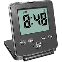 MeesMeek Small Digital Travel Alarm Clock: 2 Levels Light And Volume, 12/24H, Calendar, Temperature, Weekend And Snooze Mode, Foldable, Battery