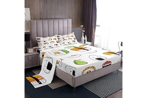 LOUSSIESD Juego de sábanas para niños, tamaño individual, con estampado de sushi, para niñas, estilo japonés kawaii, juego de sábanas para adolescentes con sábana bajera, sábana encimera, 1 funda de almohada