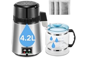 FOHERE Water Distiller, 4.2L Upgraded Stainless Steel Distilled Water Machine, Distilled Water Maker with LCD Panel & Glass Container, Countertop Water Distiller for Home with Temperature Setting, Silver
