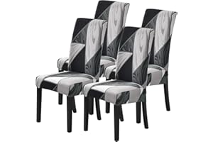 NIBESSER Coprisedia con Schienale Elasticizzato Coprisedia StampatoLavabile 1/2/4/6 Pezzi Antimacchie Copertura per Sedia da Pranzo per Ristorante Bar Hotel Banchetto Festa(Geometria Nero，4 Pezzi)
