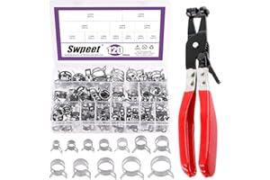 Swpeet 121 abrazaderas de manguera de banda de resorte Dacromet de 7 a 22 mm con banda plana giratoria de manguera de combustible, kit surtido de alicates de abrazadera de tubo de acción