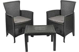 URBN GARDEN 3-Piece Bistro Garden Furniture Set, 2 Black Plastic Armchairs with Cushions & Coffee Table, Rattan-Effect Polypropylene, Outdoor Use, Part Assembled, Ideal for Patio Balcony