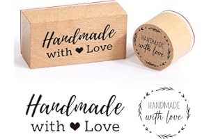 BETESSIN 2pcs Tampons en Caoutchouc Bois Rond Rectangulaire Lettre Handmade with Love avec feuille Tampon Fait Main Décoration Scrapbooking DIY Artisanat pour Noël Anniversaire Fête Thanksgiving